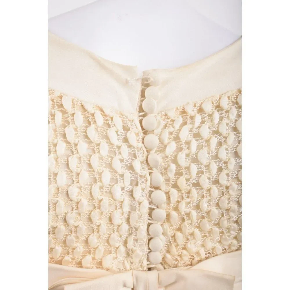 Vintage 1960s Womens Party Dress Beige ecru Popcorn Ribbon Weave Bodice XS S